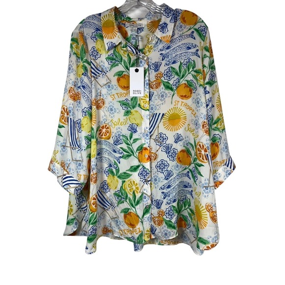 Rose & Olive Tops - NWT Rose + Olive Sz 1X Top Citrus Fruit Europe Print Tie Front Button Up Shirt